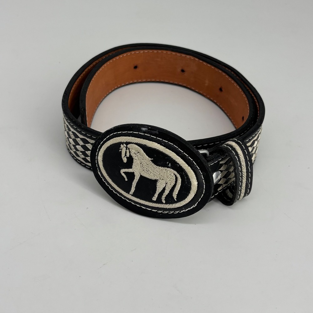 YAC Leather Belt boys sz 7  Black White Embroidered Horse Western Charro
